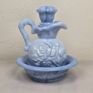 Vintage Avon 1978 Blue Slag Glass Vanity Pitcher Bowl Set Floral